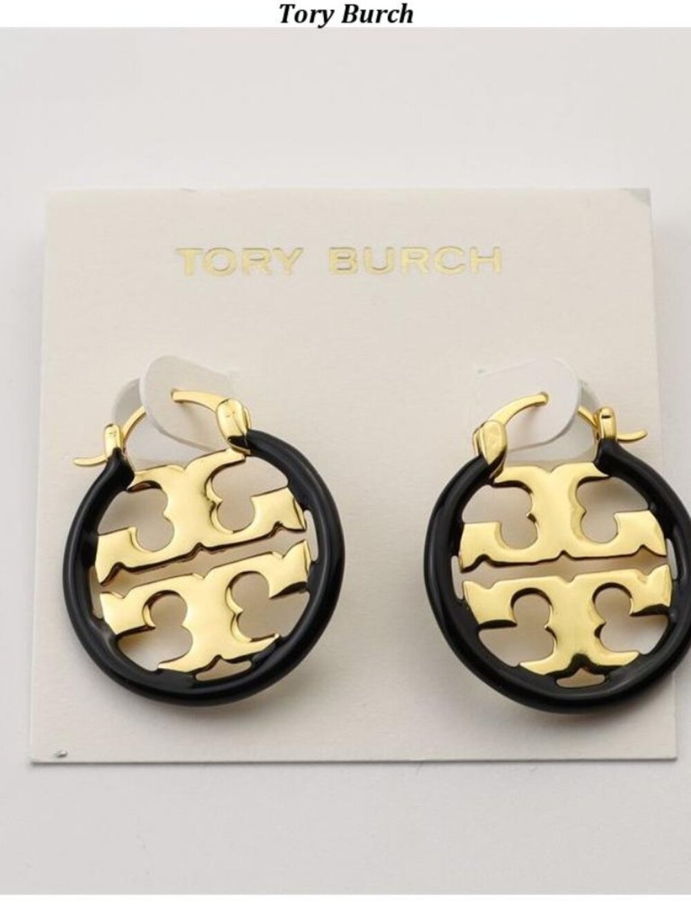 Tory Burch Black and Gold Logo Hoop Drop Earrings